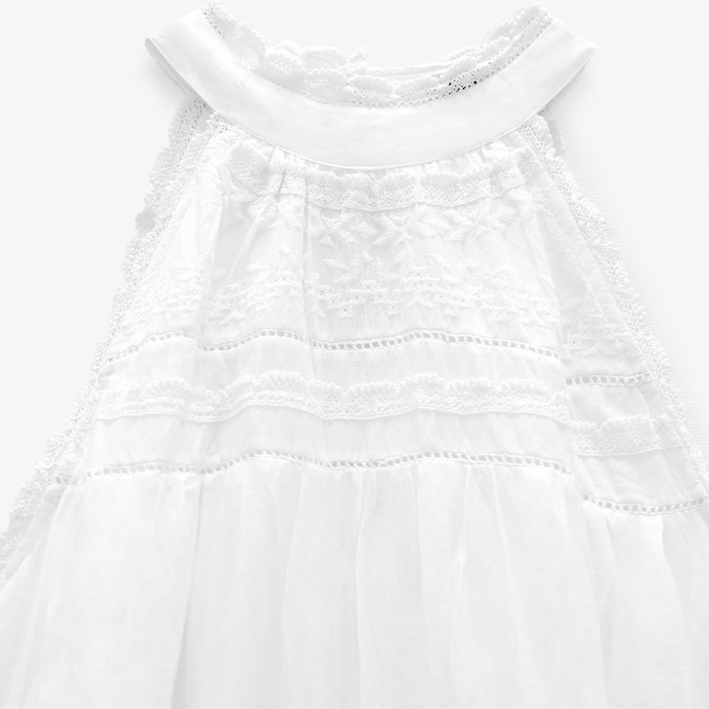 Zara White Tiered Eyelet Midi Dress with Black Harness Detail - Picture 5 of 8